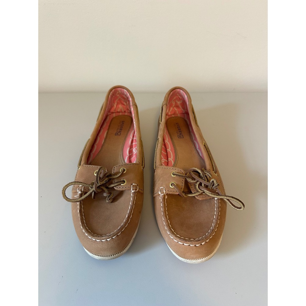 Sperry Top-Sider Tan Leather Boat Shoes with Pink Sole | Size 9.5